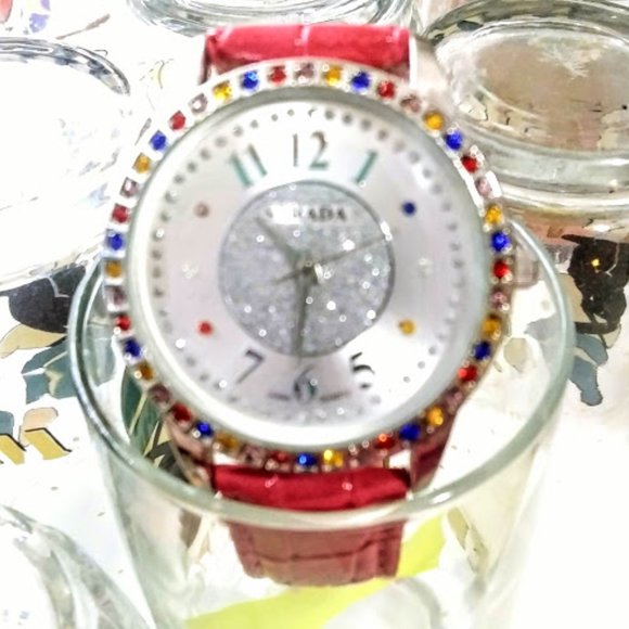 WATCH, BRACELET&HOOP EARRINGS SET*STRADA*PINK BAND*RAINBOW AUSTRIAN CRYSTALS. - Picture 2 of 16